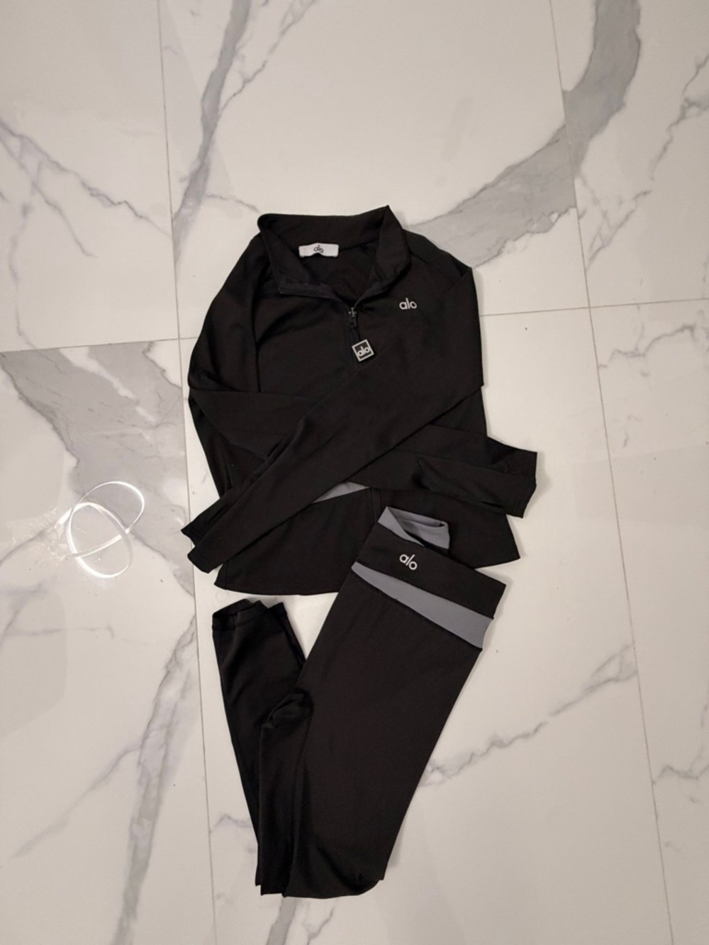 ALO Yoga Black Leggings and Zip Pullover Set with Gray Waistband Detail